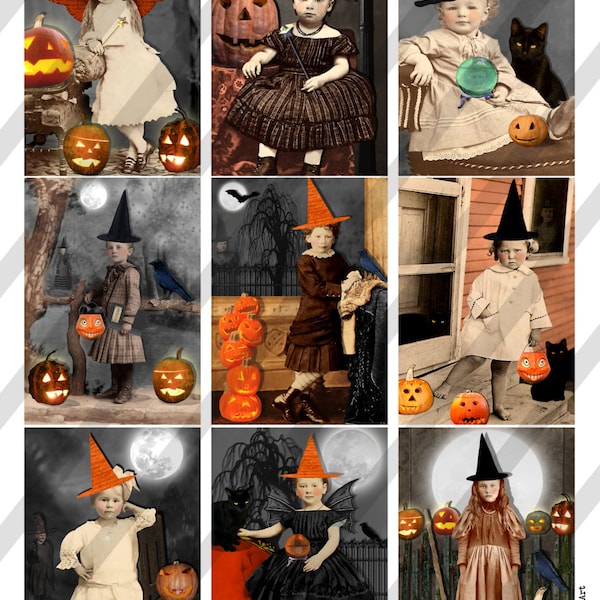 Digital Collage Sheet, Halloween Witches, ATC, ACEO sized, 2.5 X 3.5, Halloween Children (Sheet no. H39) Instant Download