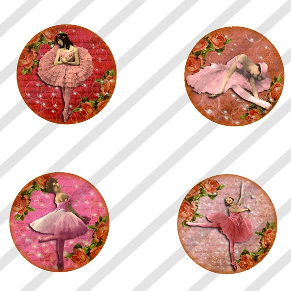 Digital Collage Sheet, Ballet Bottle cap Images, 1 inch circles,  Pink Ballerinas (Sheet no. FS190) Instant Download
