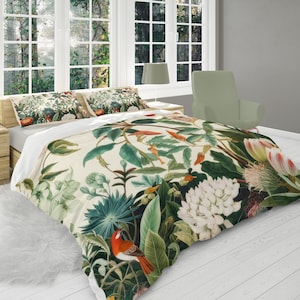 Exotic Colorful Tropical Forest Duvet Cover Set, Twin Queen King Size, Vintage Botanical Eclectic Bedding Gift for Biophilic Bedroom #020