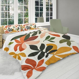 Colorful Floral Watercolor Duvet Cover, Spring Bedding Set, Summer Botanical Abstract Art Duvet, Twin Queen King, Yellow Orange Green #180