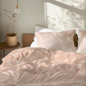 Pastel Beige Floral Duvet Cover Set, Flower Bedding Gift Set, Biophilic Home Decor, Monochrome Minimalist for Romantic Sweet Bedroom #118