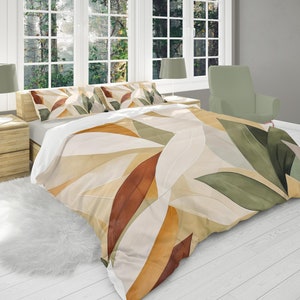 Earth Tone Abstract Leaves Watercolor Duvet Cover, Twin Queen King, Artistic Boho Nature Botanical Art in Brown Beige and Sage Green #001