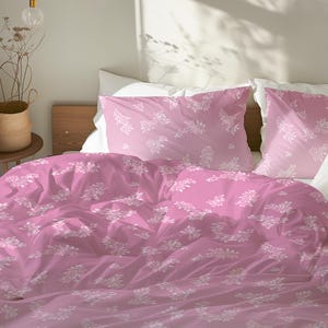 Pastel Pink Floral Duvet Cover Set, Flower Bedding Gift Set, Biophilic Home Decor, Monochrome Minimalist for Romantic Sweet Bedroom #117
