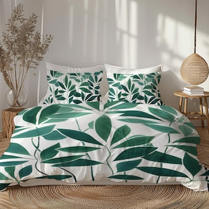 Smaragdgrüne Bettbezug mit Blattmuster, Smaragdgrün Natur Eclectic Geschenk für Schlafzimmer Dekor #048