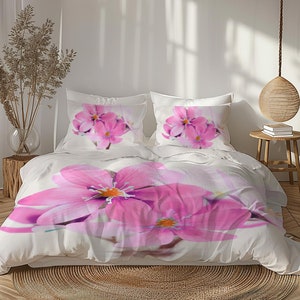 Pastel Pink White Floral Duvet Cover Set, Boho Minimalist Aesthetic, Cute Flower Bedding Gift for Girls Bedroom Decor #086