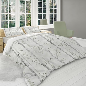 Light Mute Gray Botanical Tree Duvet Cover Set, Twin Queen King Size, Woodland, Farmhouse Bedding Gift, Floral Scandinavian Forest #171