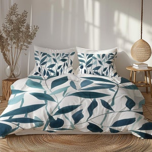 Modern Leaf Print Coastal Duvet Cover, Blue Teal Nature Eclectic Bedding Gift For Scandinavian or Biophilic Bedroom Décor #045