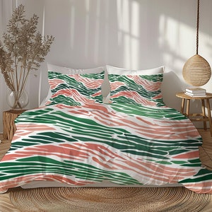 Modern Abstract Boho Duvet Cover, Coastal Wavy Bedding Set, Green  & Pink, Aesthetic Colorful Bedding, Vibrant Bedroom Décor #124