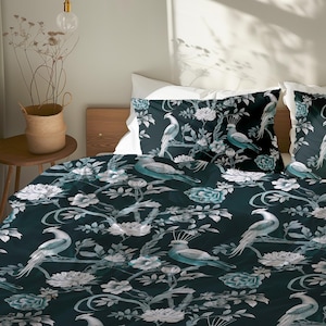 Dark Navy Blue Chinoiserie Duvet Cover, Birds Animal Print Eclectic Bedding, Oriental Moody Bedding for Elegant Coastal Bedroom Decor #104