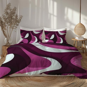 Plum Purple Vintage Duvet Cover Set, Midcentury Modern Bedding, Vibrant Funky 70s Artistic Bedding Gift for Eclectic Bedroom Decor #094