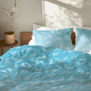 Pastel Blue Floral Duvet Cover Set, Flower Bedding Gift Set, Biophilic Home Decor, Monochrome Minimalist for Romantic Sweet Bedroom #114
