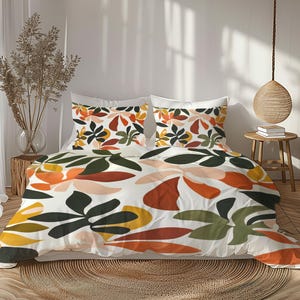 Colorful Floral Watercolor Duvet Cover, Spring Bedding Set, Summer Botanical Abstract Art Duvet, Twin Queen King, Yellow Orange Brown #181