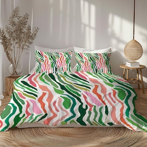Modern Abstract Boho Duvet Cover, Colorful Zebra Striped Pattern Bedding Set, Green and Pink, Aesthetic Bedding, Vibrant Bedroom Décor #121