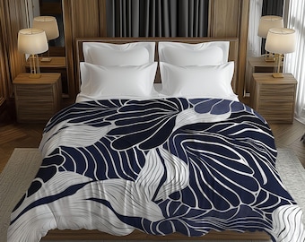 Abstract boho donker marineblauw silhouet grafisch dekbed, Twin Queen King, modern eigentijds beddengoed, indigomonochroom #015