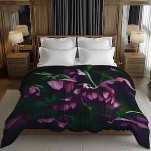 Dark Purple Floral Comforter, Botanical Eclectic Nature Aesthetics, Moody Flowers Bedding Set Gift For Biophilic Bedroom Décor #035