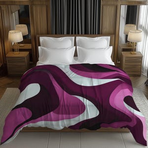 Plum Purple Vintage Comforter, Midcentury Modern Bedding, Vibrant Funky 70s Artistic Bedding Gift for Eclectic Bedroom Decor #094