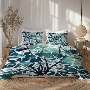 Modern Tree Print Coastal Duvet Cover, Blue Green Teal Nature Eclectic Bedding Gift For Scandinavian or Biophilic Bedroom Décor #046