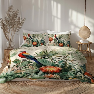 Exotic Colorful Tropical Forest Duvet Cover Set, Twin Queen King Size, Vintage Botanical Eclectic Bedding Gift for Biophilic Bedroom #019