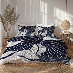 Dark Navy Blue Duvet Cover, Twin Queen King, Modern Monochrome Scandinavian Bedding, Japandi Bedding Gift For Coastal Bedroom Decor #015