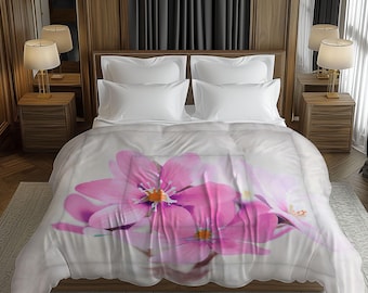 Pastel Pink White Floral Comforter, Boho Minimalist Aesthetic, Cute Flower Bedding Gift for Girls Bedroom Decor #086