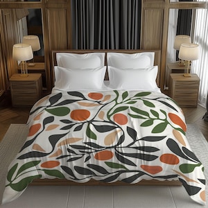 Helder fruitig tuindekbed, lentebotanisch beddengoed, boerderijhuisje woondecoratie cadeau, Twin Queen King, oranje groen beige #188