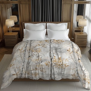 May include: A white bed with a gray and gold patterned duvet cover. The bed is in a bedroom with dark wood walls and gray curtains.