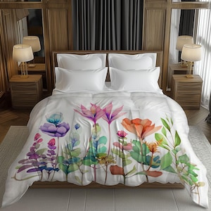 Colorful Pastel Wildflower Meadow Watercolor ComforterArtistic Floral Botanical Aesthetic Bedding for Contemporary Bedroom Decor #156
