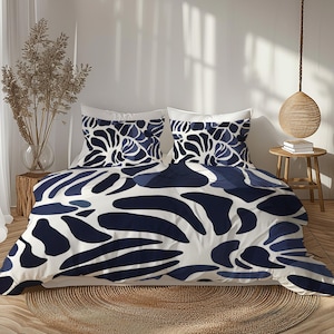 Dark Navy Blue Duvet Cover, Twin Queen King, Modern Monochrome Scandinavian Bedding, Japandi Bedding Gift For Coastal Bedroom Decor #014