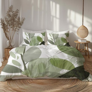 Earthtone Abstract Leaves Duvet Cover, Artistic Boho Nature Bedding, Minimalist Monochrome Botanical Bedding, Olive Sage Green On White #135