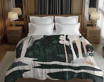 May include: A bed with a white comforter and pillows, and a forest-themed blanket. The blanket features a dark green and white design with trees and a starry night sky. The bed is in a room with wooden paneling and gray curtains.
