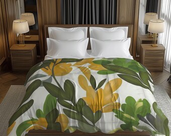 Bold Floral Comforter: Mustard Yellow & Moss Green Tropical Bedding, Maximalist Eclectic Bedroom Décor #278