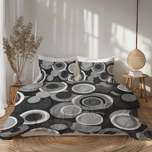 Retro Mute Textured Circles Geometric Duvet Cover, Abstract Art Comforter Cover, Mid Century Modern Bedroom Decor, Black & White #226