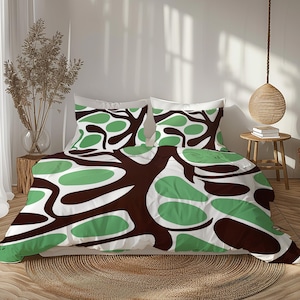 Abstrakter geometrischer Baum Bettbezug, Mid-Century Modern Zeitgenössisches Bettwäsche-Set, Künstlerisches Schlafzimmer, Grün, Braun, Weiß #138