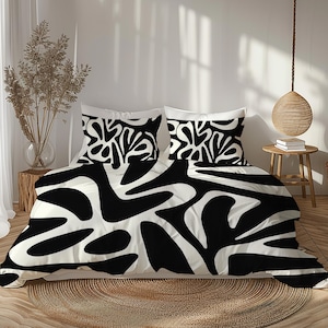 Abstract Black And White Silhouette Doodle Shapes Duvet Cover, Twin Queen King Size, Modern Contemporary Bedding,  Boho, Monochrome #012
