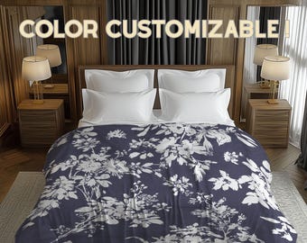 Edredón Toile Floral Dark Academia: Ropa de cama Cottagecore azul medianoche, decoración de dormitorio estilo granja vintage, color personalizable #283