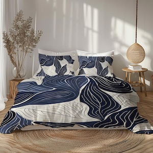 Dark Navy Blue Duvet Cover, Twin Queen King, Modern Monochrome Scandinavian Bedding, Japandi Bedding Gift For Coastal Bedroom Decor #016
