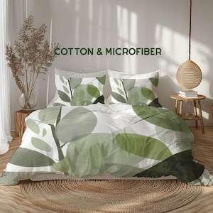 Modern Boho Leaves Duvet Cover, Rustic Cottagecore farmhouse Bedding Gift, Olive Sage Green On White, Cotton and Microfiber Fabrics #135