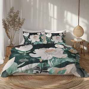 May include: A floral duvet cover set with white and peach-colored flowers on a dark green background. The set includes a duvet cover and two pillowcases. The bedding is displayed on a bed with a round woven rug.