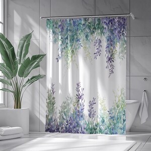 Blue Purple Vine Garden Extra Long Shower Curtain with Graceful Climbing Florals for Romantic Cottagecore Bathrooms #159