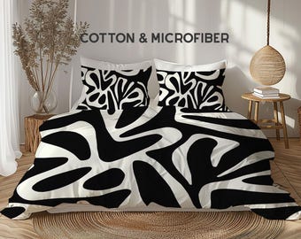 Funky Black and White Wavy Abstract Duvet Cover, Retro Y2K Modern Minimalist Bedding, King Queen Twin, Cotton and Microfiber Fabrics #012