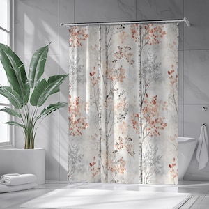 Rustic Farmhouse Extra Long Shower Curtain 84 Inches: Light Red Gray Forest Botanical Shower Curtains for Bathroom #170