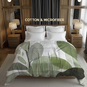 Modern Boho Leaves Comforter Rustic Cottagecore Farmhouse Bedding Gift, Olive Sage Green On White, Cotton and Microfiber Fabrics #135
