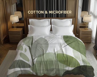 Modern Boho Leaves Comforter Rustic Cottagecore Farmhouse Bedding Gift, Olive Sage Green On White, Cotton and Microfiber Fabrics #135