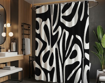 Cool Funky Black and White Abstract Extra Long Shower Curtain 84 Inches: Unique Mid Century Modern Shower Curtain for Modern Bathroom #012