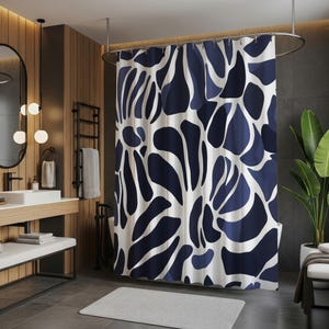 Cool Funky Navy Blue and White Abstract Extra Long Shower Curtain 84 Inches: Unique Bold Floral Shower Curtain for Modern Bathroom #014