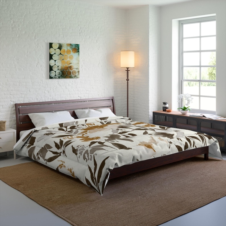 Ochre Watercolor Floral Comforter: Cinnamon Orange Botanical Bedding