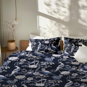 Dark Navy Blue Chinoiserie Duvet Cover, Birds Animal Print Eclectic Bedding, Oriental Moody Bedding for Elegant Coastal Bedroom Decor #103