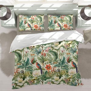Exotic Colorful Tropical Farmhouse Duvet Cover Set, Twin Queen King, Vintage Botanical Eclectic Bedding Gift for Biophilic Bedroom #023
