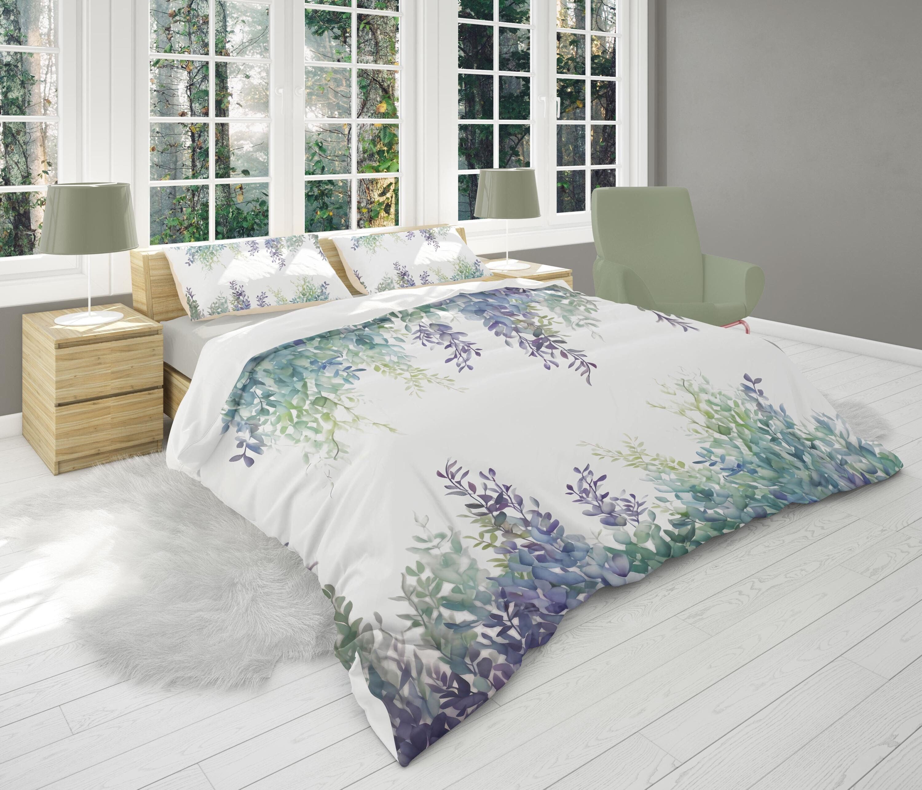 Dekbedovertrekset blauw paarse wijnstoktuin, elegant bloemenbotanisch beddengoed, rustieke boerderij cottagecore slaapkamer, biofiel interieur #159