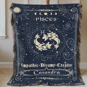 Personalized Pisces Zodiac Woven Blanket, Dark Moody Couple Throw Blanket, Astrology Birthday Gift, Sun Moon Star Celestial Bedding #206